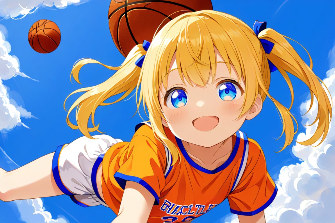 loli, happy_face, yellow hair, down_view, twin_tails, blue_eyes, basketball, orange shirt, white shorts, lying