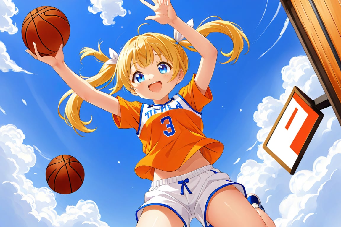 loli, happy_face, yellow hair, down_view, twin_tails, blue_eyes, basketball, orange shirt, white shorts, jumping