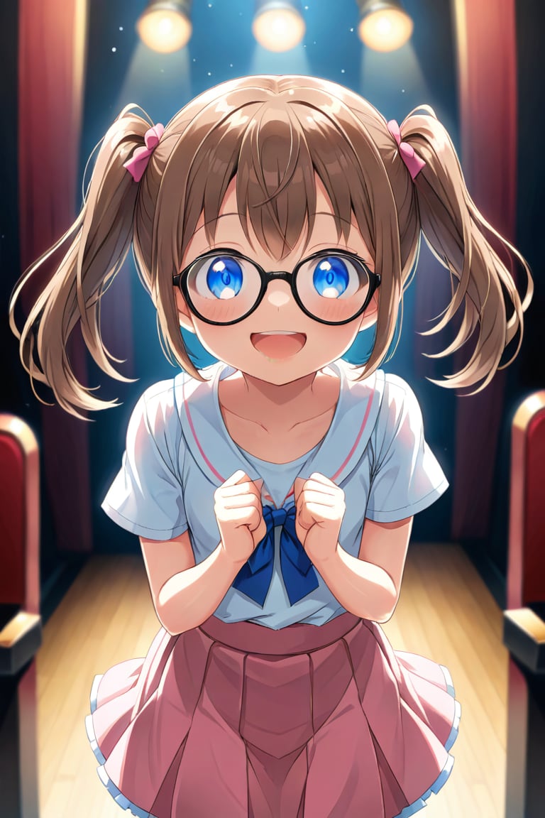 loli, brown hair, happy_face, front_view, twin_tails, blue_eyes, theather, white shirt, pink skirt, black glasses, 