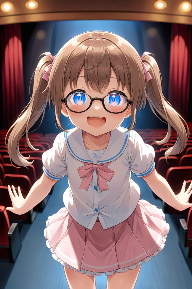 loli, brown hair, happy_face, front_view, twin_tails, blue_eyes, theather, white shirt, pink skirt, black glasses, lolling