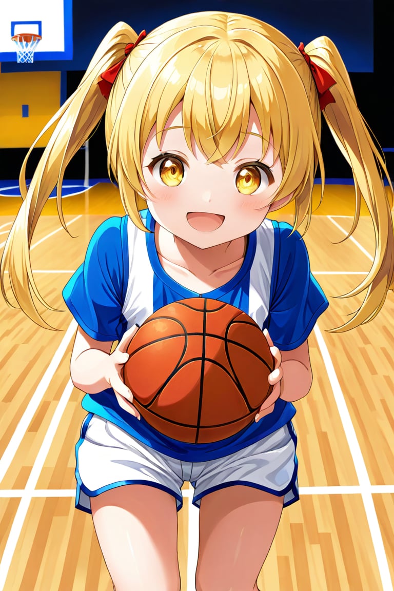 loli, happy_face, yellow hair, front_view, twin_tails, yellow_eyes, basketball, blue shirt, white shorts, 