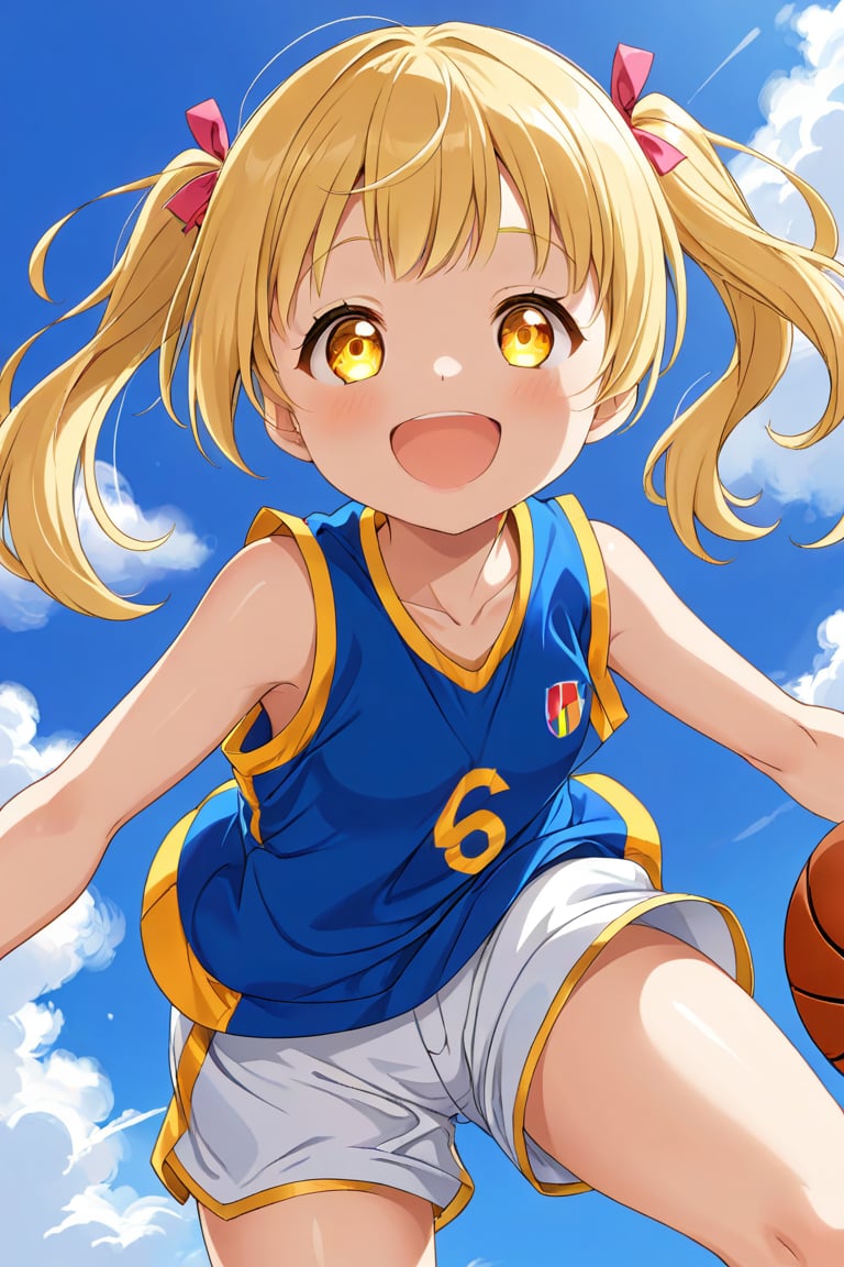 loli, happy_face, yellow hair, down_view, twin_tails, yellow_eyes, basketball, blue shirt, white shorts, jumping