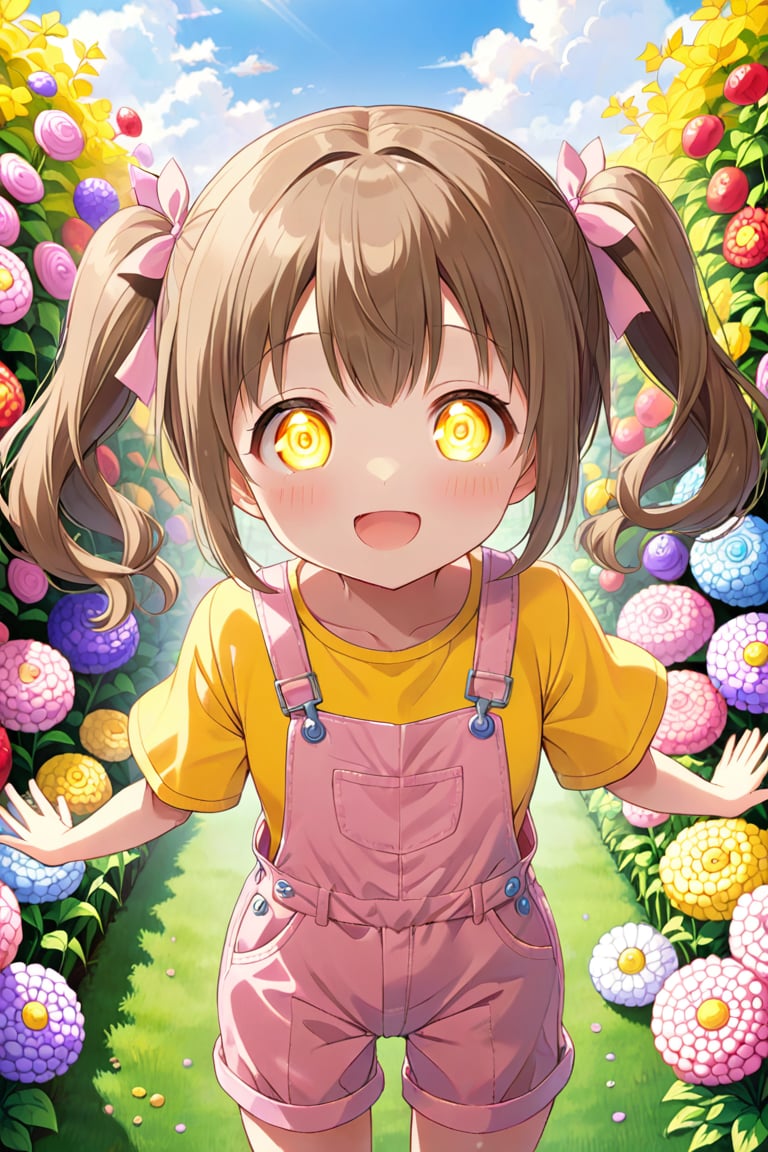 loli hypnotized, happy_face, yellow eyes, brown hair, front_view, twin_tails, flowers garden, yellow shirt, pink overalls, 