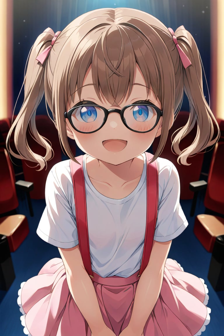 loli, brown hair, happy_face, front_view, twin_tails, blue_eyes, theather, white shirt, pink skirt, black glasses, :p