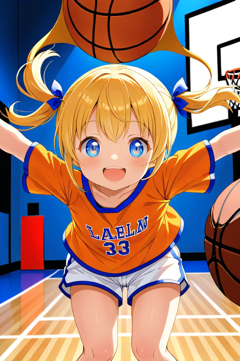 loli, happy_face, yellow hair, front_view, twin_tails, blue_eyes, basketball, orange shirt, white shorts, 