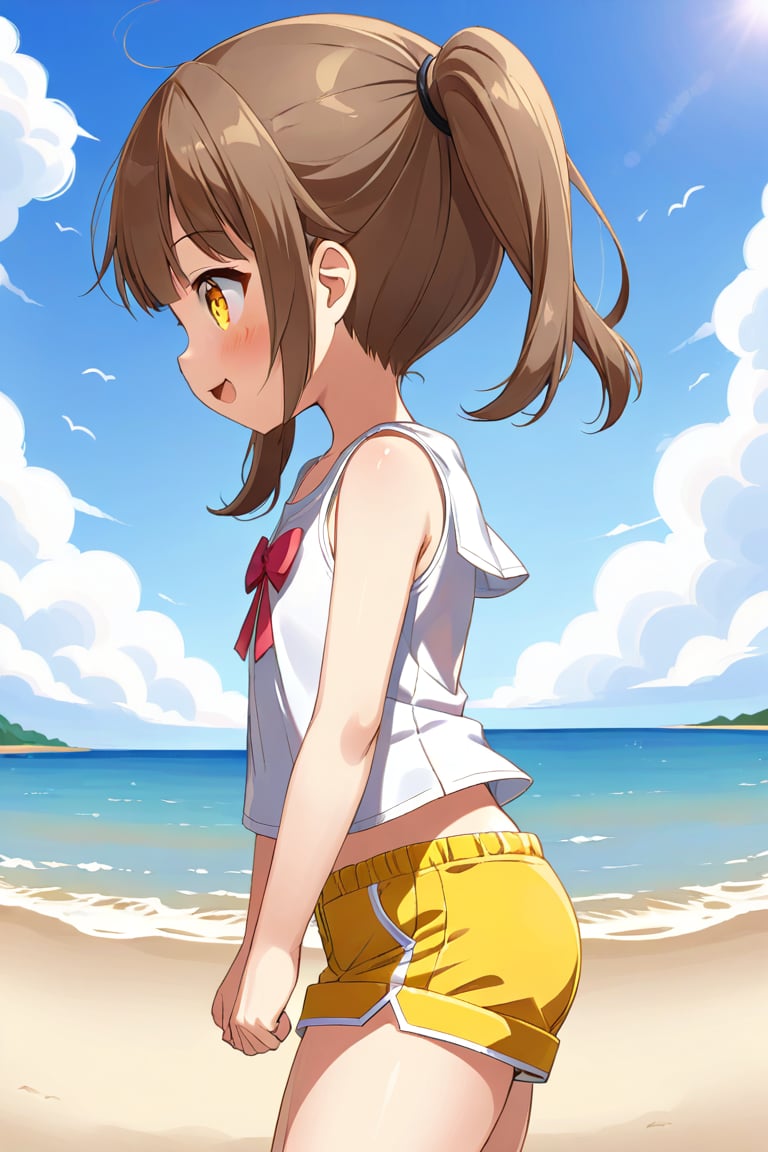 loli hypnotized, happy_face, yellow eyes, brown hair, side_view, twin_tails, beach, white shirt, yellow short pants, 