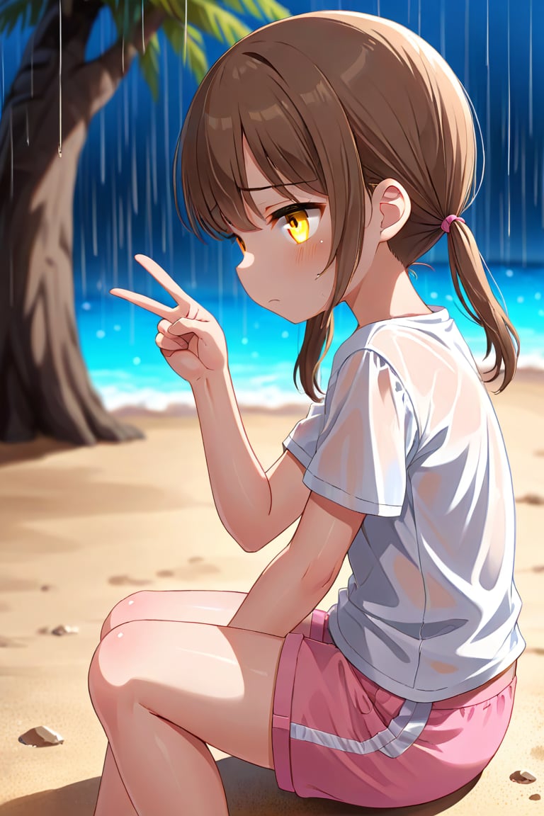 loli hypnotized, sad_face, yellow eyes, brown hair, side_view, twin_tails, rain beach, white shirt, pink short pants, sitting, peace fingers