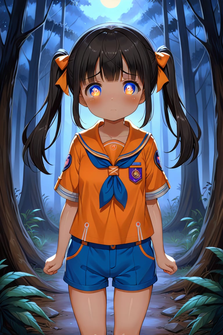 loli, sad face, front view, twin tails, black hair, night forest, scout , orange shirt, blue shorts, looking_at_viewer, heart_shaped_pupils, 