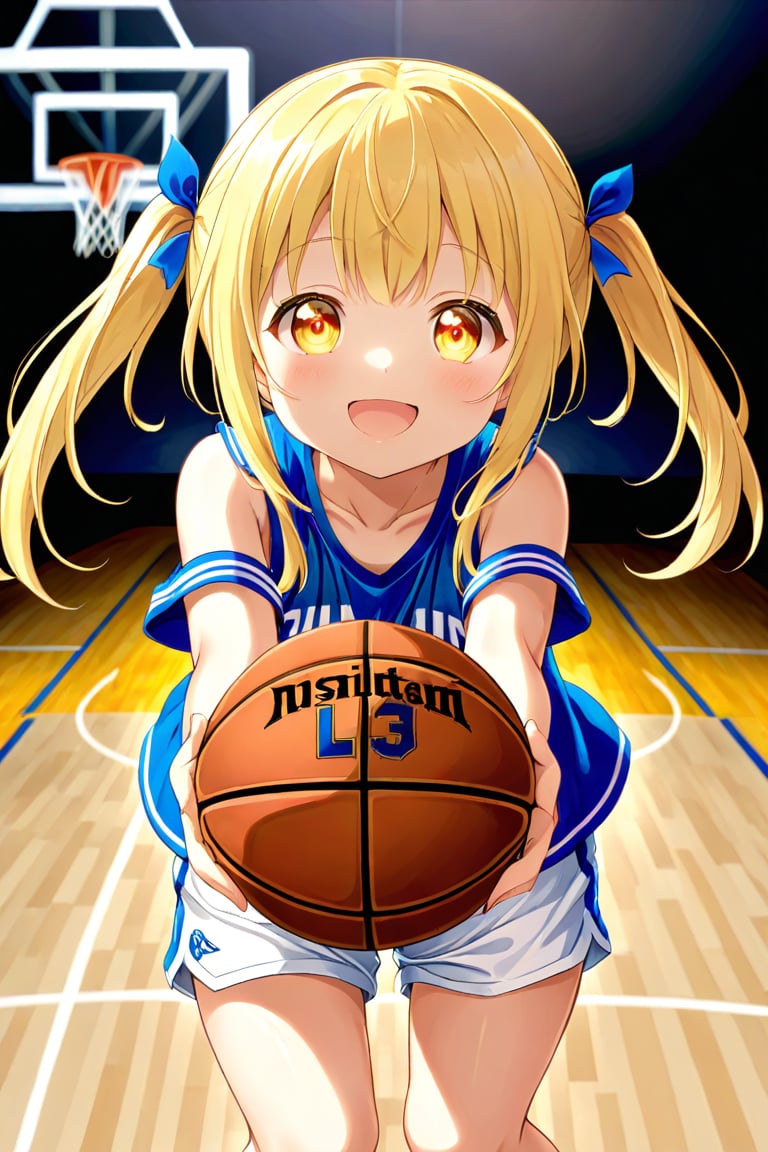 loli, happy_face, yellow hair, front_view, twin_tails, yellow_eyes, basketball, blue shirt, white shorts, 