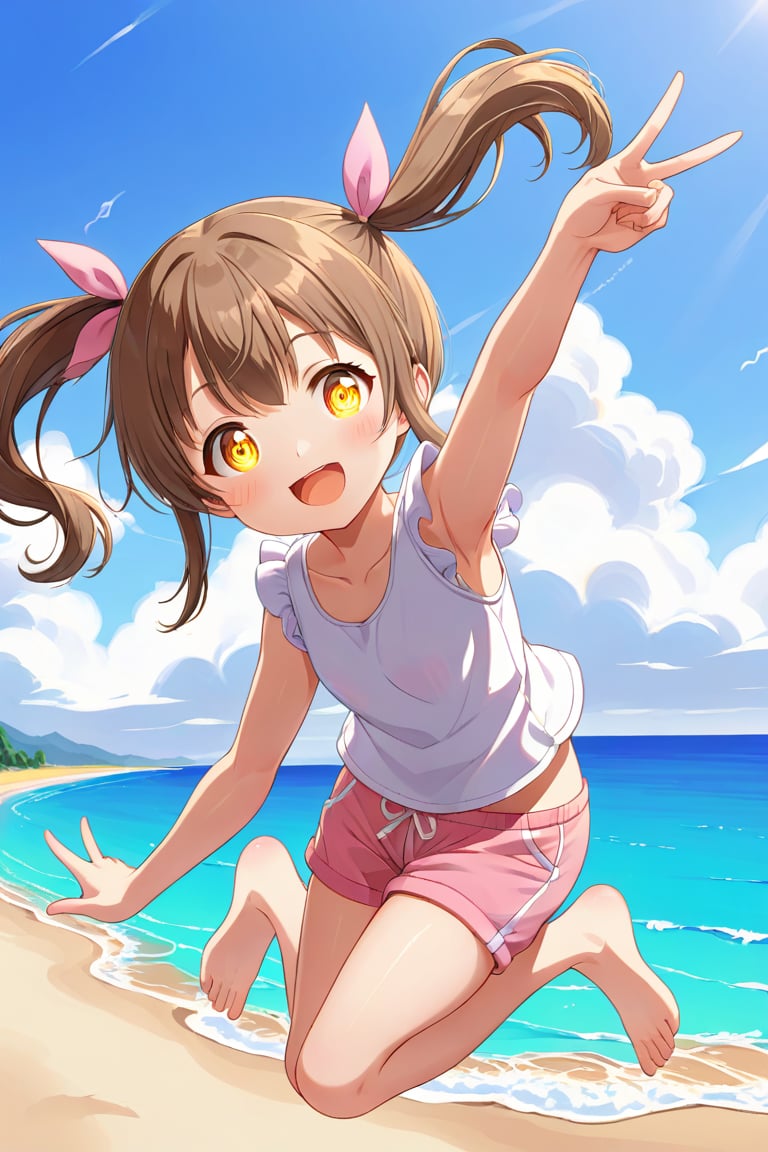 loli hypnotized, happy_face, yellow eyes, brown hair, side_view, twin_tails, beach, white shirt, pink short pants, jumping, peace fingers