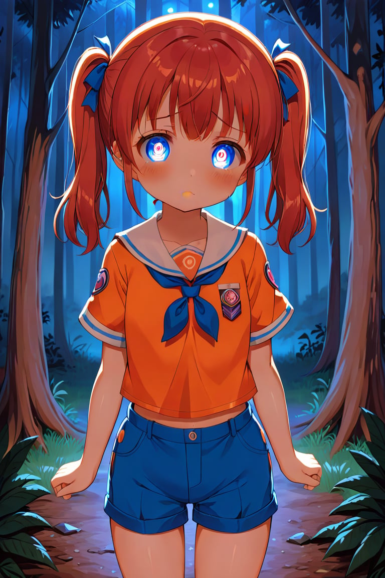 loli, sad face, front view, twin tails, red hair, night forest, scout , orange shirt, blue shorts, looking_at_viewer, heart_shaped_pupils, 