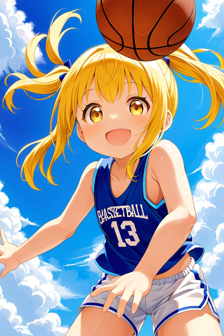 loli, happy_face, yellow hair, down_view, twin_tails, yellow_eyes, basketball, blue shirt, white shorts,