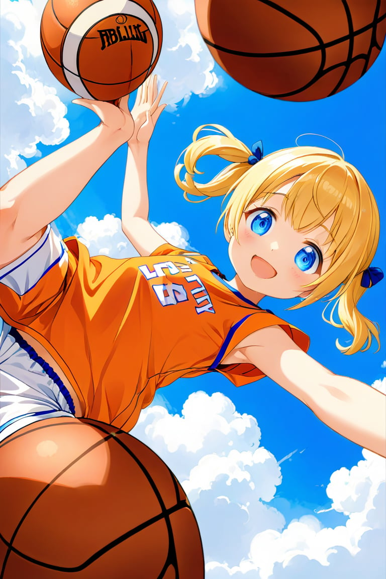 loli, happy_face, yellow hair, down_view, twin_tails, blue_eyes, basketball, orange shirt, white shorts, lying