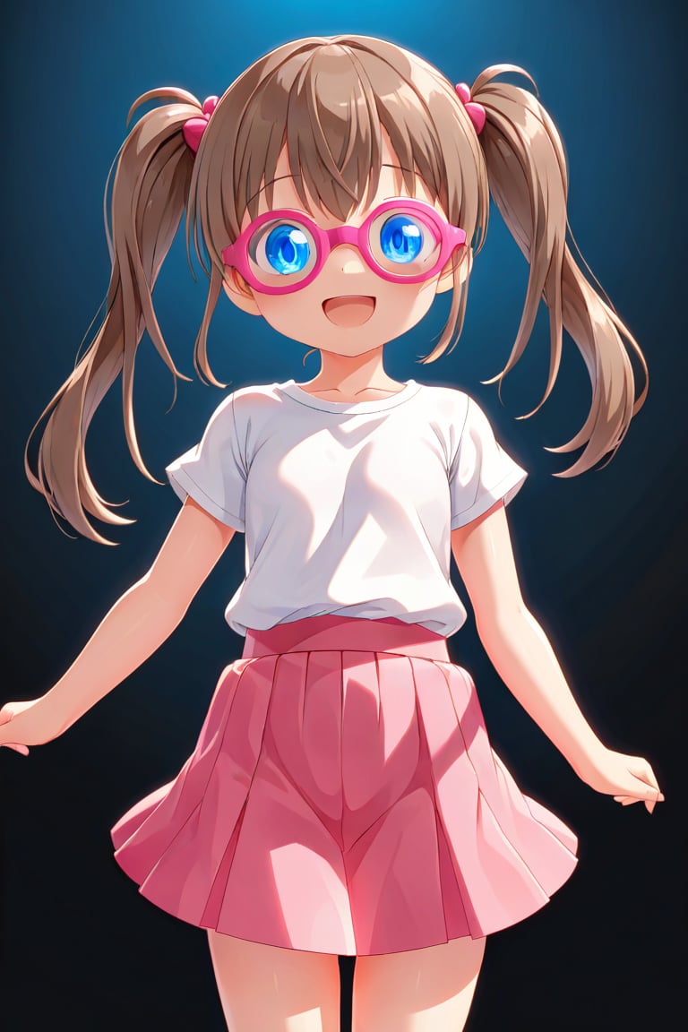 loli, brown hair, happy_face, front_view, twin_tails, blue_eyes, movie, white shirt, pink skirt, 3D_glasses