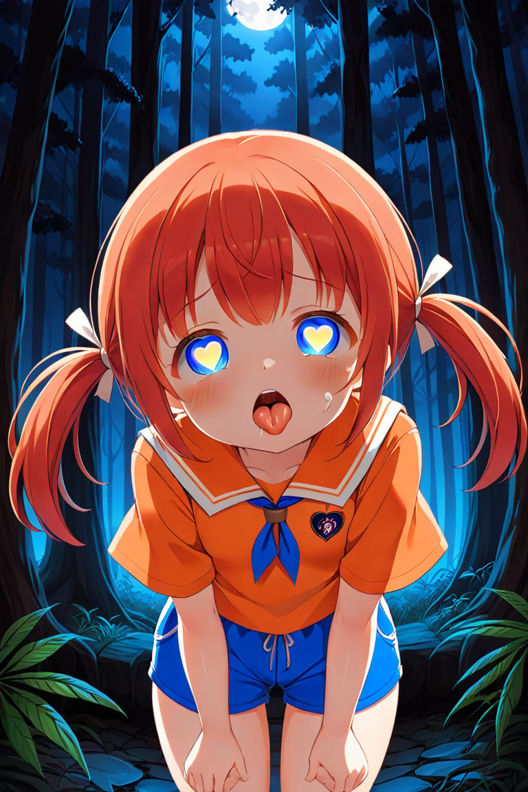 loli, cum face, front view, twin tails, red hair, night forest, scout , orange shirt, blue shorts, looking_at_viewer, heart_shaped_pupils, sticking_out_tongue