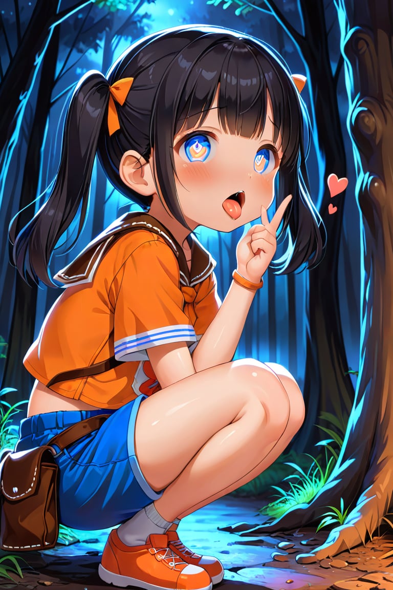 loli, cum face, sideview, twin tails, black hair, night forest, scout , orange shirt, blue shorts, looking_at_viewer, heart_shaped_pupils, sticking_out_tongue, squatting