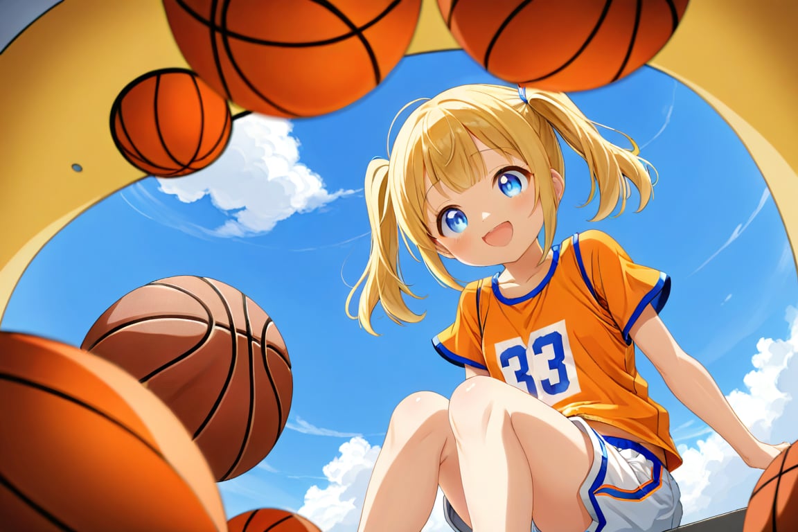 loli, happy_face, yellow hair, down_view, twin_tails, blue_eyes, basketball, orange shirt, white shorts, sitting_down