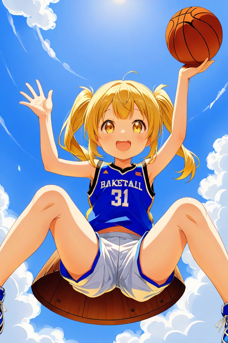 loli, happy_face, yellow hair, down_view, twin_tails, yellow_eyes, basketball, blue shirt, white shorts, jumping, sitting_down