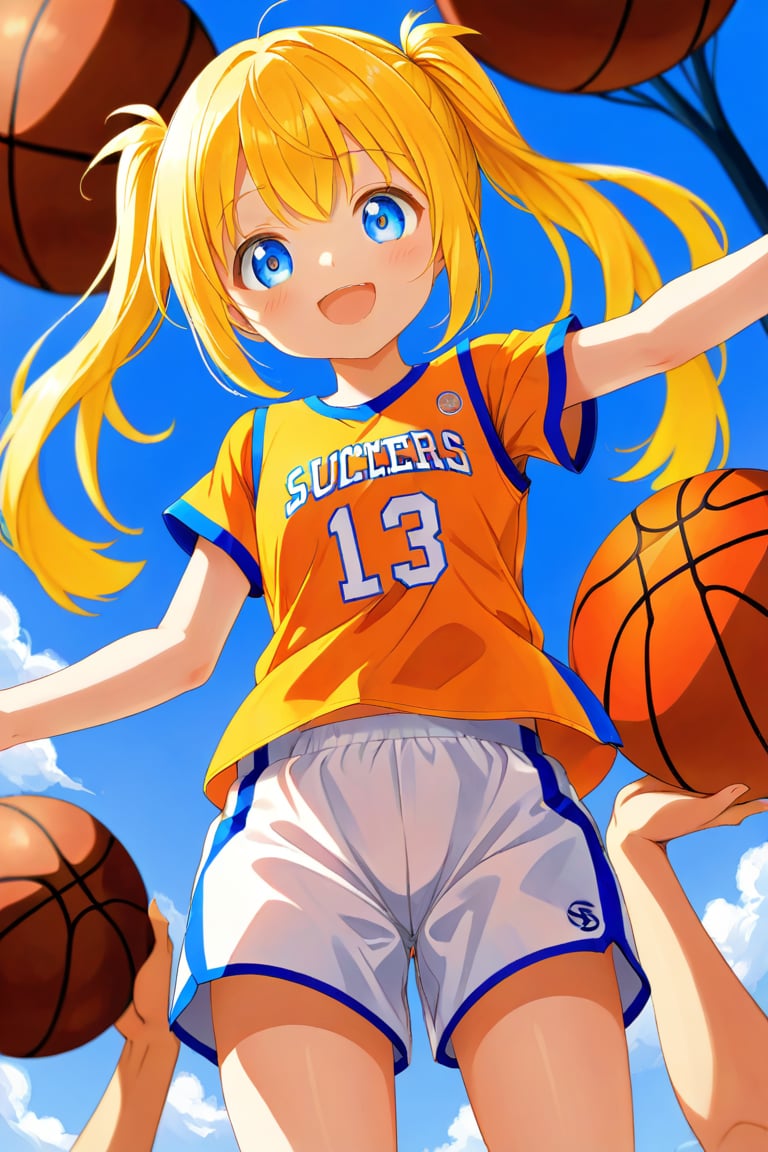 loli, happy_face, yellow hair, down_view, twin_tails, blue_eyes, basketball, orange shirt, white shorts, 