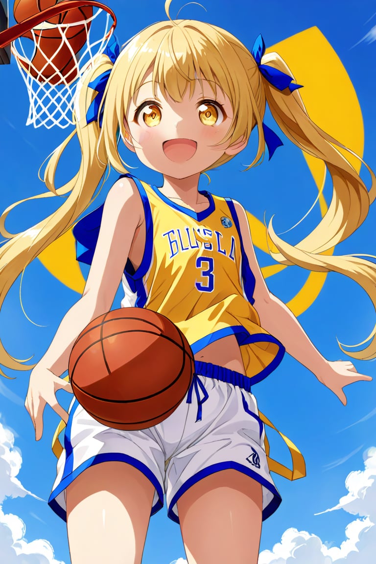 loli, happy_face, yellow hair, down_view, twin_tails, yellow_eyes, basketball, blue shirt, white shorts,