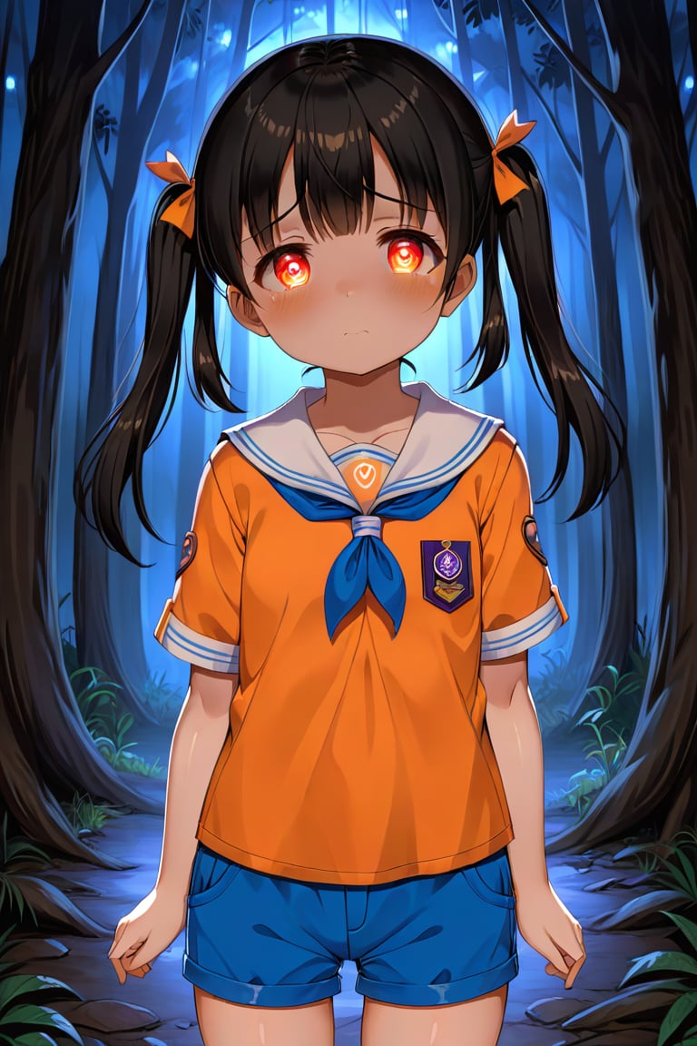 loli, sad face, front view, twin tails, black hair, night forest, scout , orange shirt, blue shorts, looking_at_viewer, heart_shaped_pupils, 