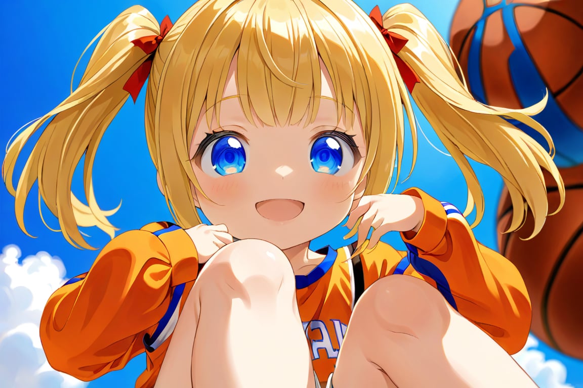 loli, happy_face, yellow hair, down_view, twin_tails, blue_eyes, basketball, orange shirt, white shorts, sitting_down