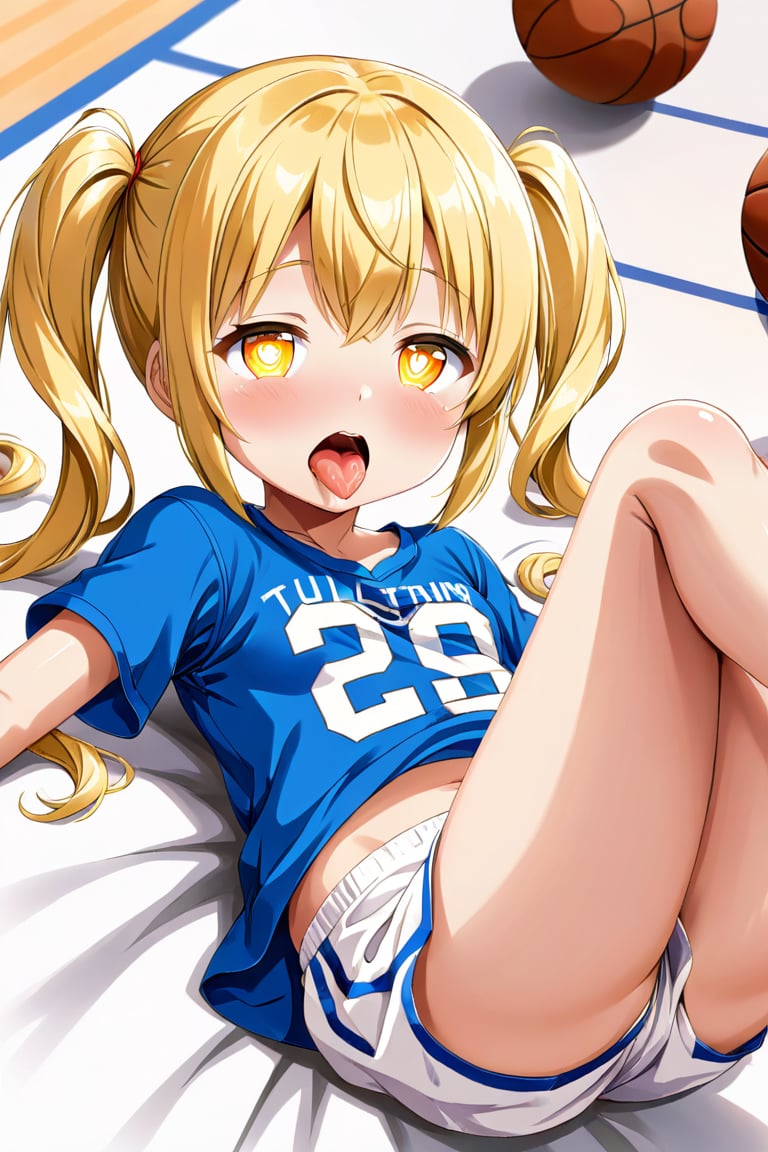 loli, cum_on_mouth, yellow hair, frony¿t_view, twin_tails, yellow_eyes, basketball, blue shirt, white shorts, lying, open legs, heart_shaped_pupils, tongue_out