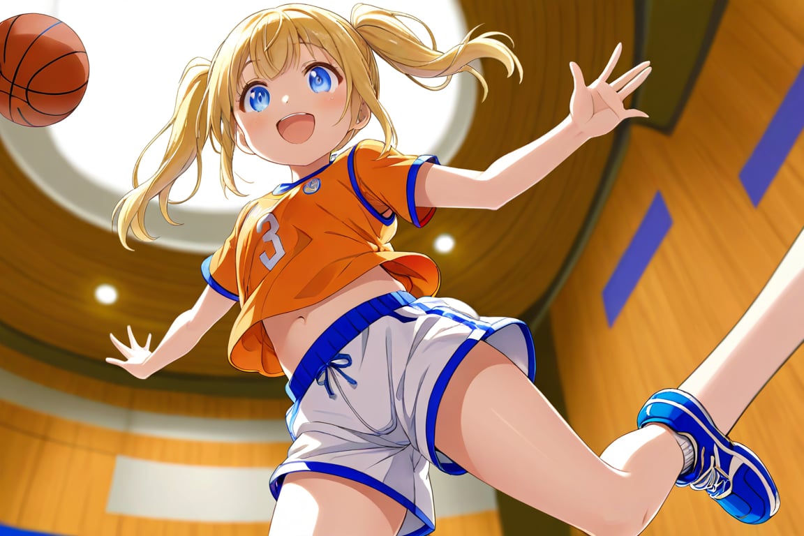 loli, happy_face, yellow hair, down_view, twin_tails, blue_eyes, basketball, orange shirt, white shorts, jumping