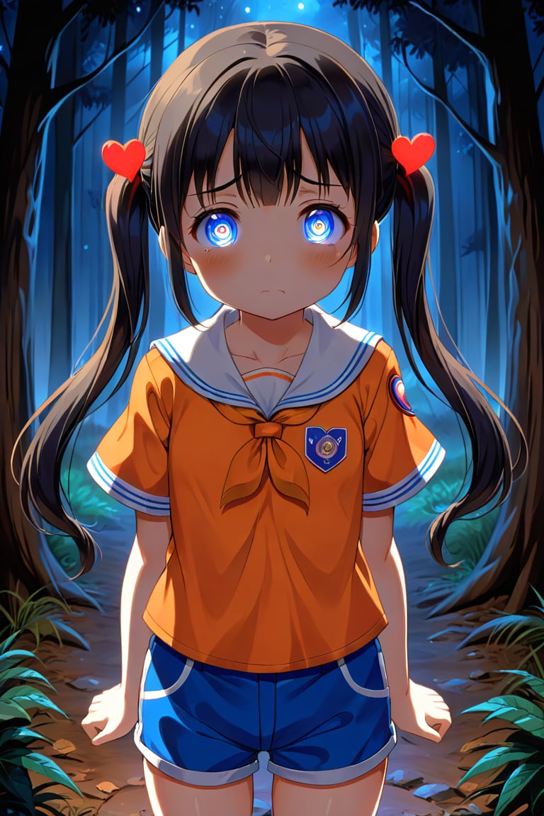 loli, sad face, front view, twin tails, black hair, night forest, scout , orange shirt, blue shorts, looking_at_viewer, heart_shaped_pupils, 