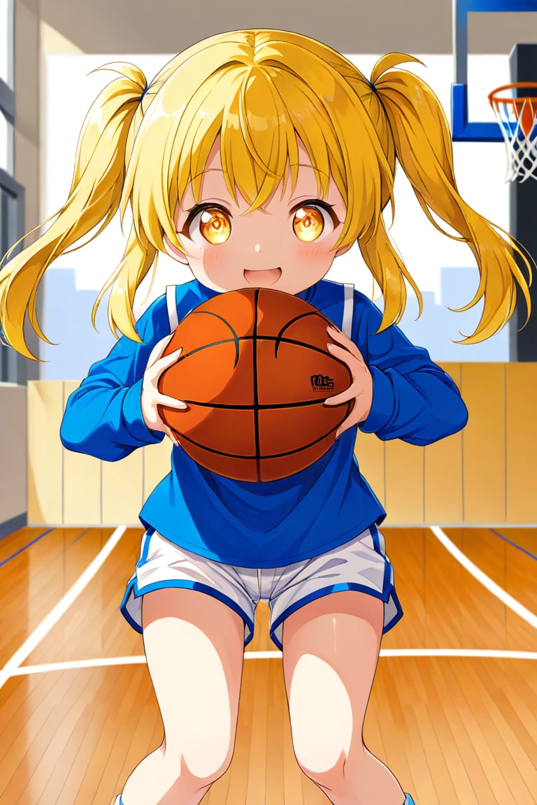 loli, happy_face, yellow hair, front_view, twin_tails, yellow_eyes, basketball, blue shirt, white shorts, 