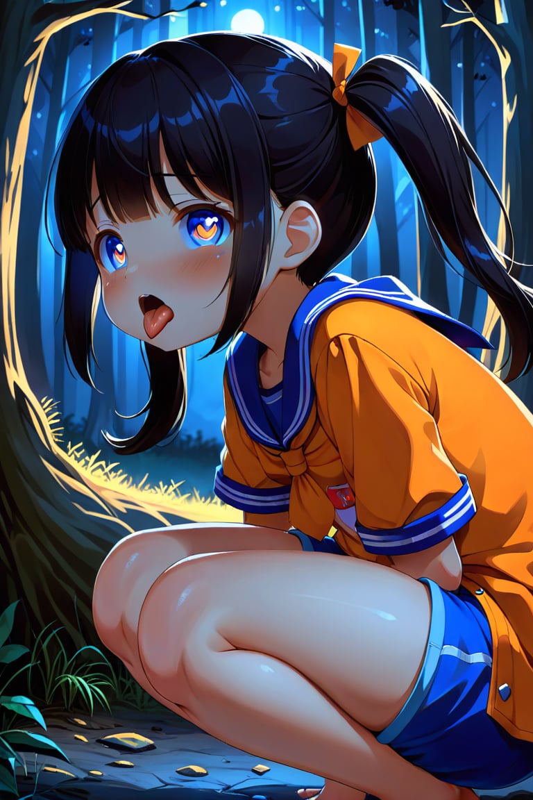 loli, cum face, sideview, twin tails, black hair, night forest, scout , orange shirt, blue shorts, looking_at_viewer, heart_shaped_pupils, sticking_out_tongue, squatting