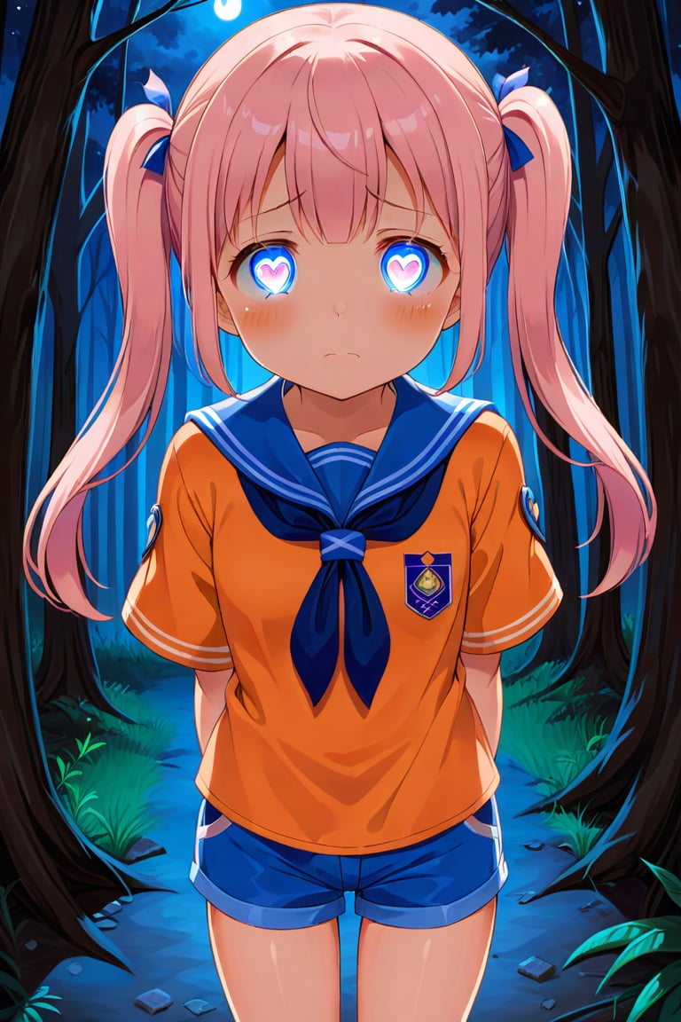 loli, sad face, front view, twin tails, pink hair, night forest, scout , orange shirt, blue shorts, looking_at_viewer, heart_shaped_pupils, 