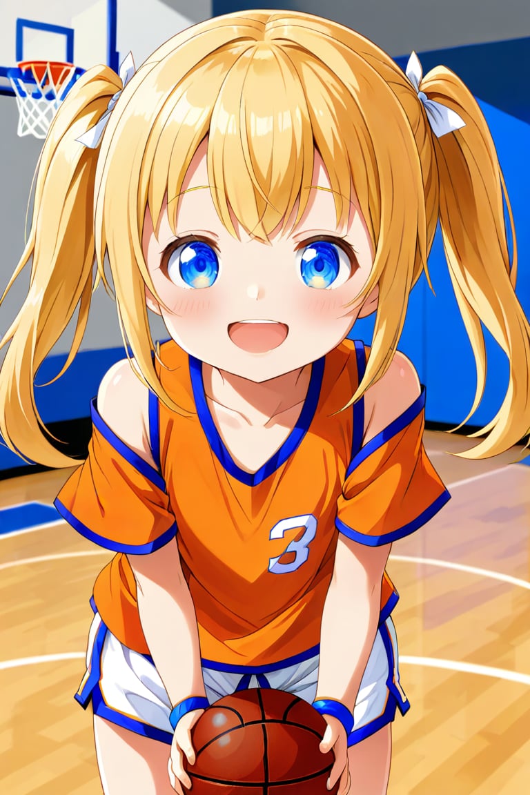 loli, happy_face, yellow hair, front_view, twin_tails, blue_eyes, basketball, orange shirt, white shorts, 