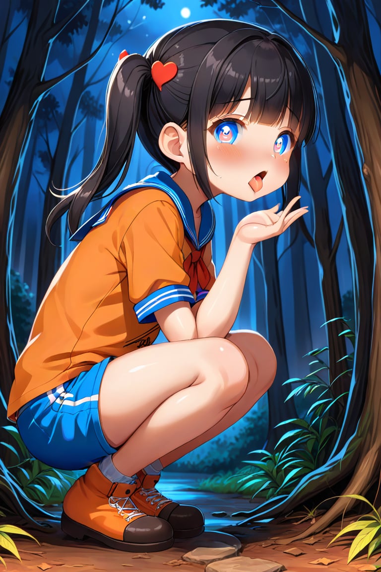 loli, cum face, sideview, twin tails, black hair, night forest, scout , orange shirt, blue shorts, looking_at_viewer, heart_shaped_pupils, sticking_out_tongue, squatting