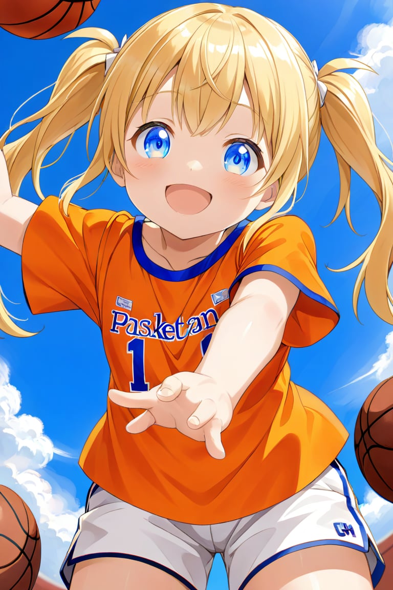 loli, happy_face, yellow hair, down_view, twin_tails, blue_eyes, basketball, orange shirt, white shorts, 