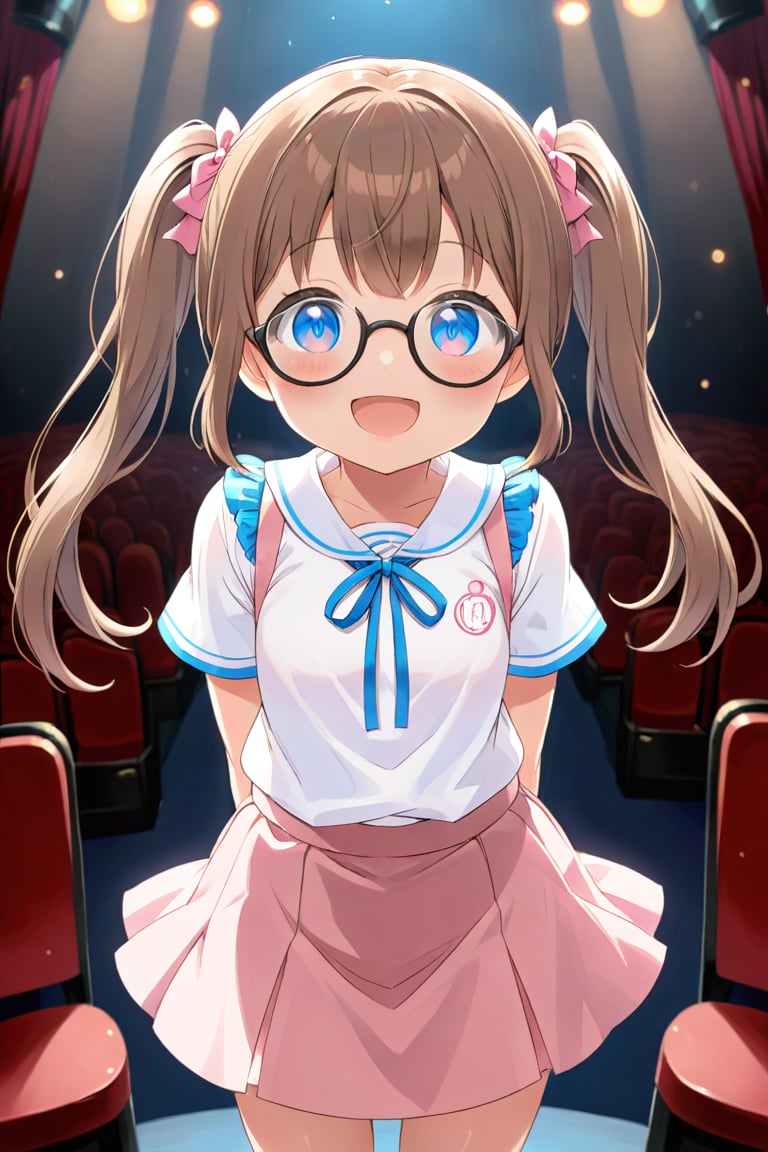 loli, brown hair, happy_face, front_view, twin_tails, blue_eyes, theather, white shirt, pink skirt, black glasses, :p