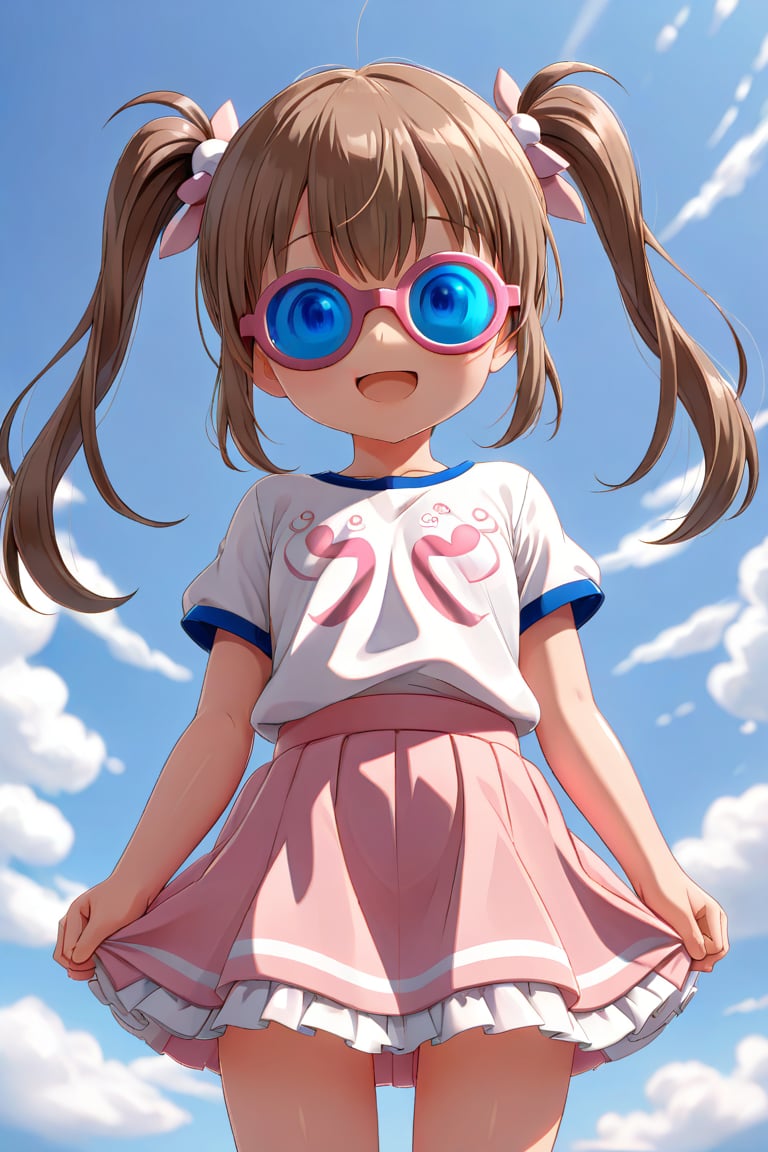 loli, brown hair, happy_face, front_view, twin_tails, blue_eyes, movie, white shirt, pink skirt, 3D_glasses