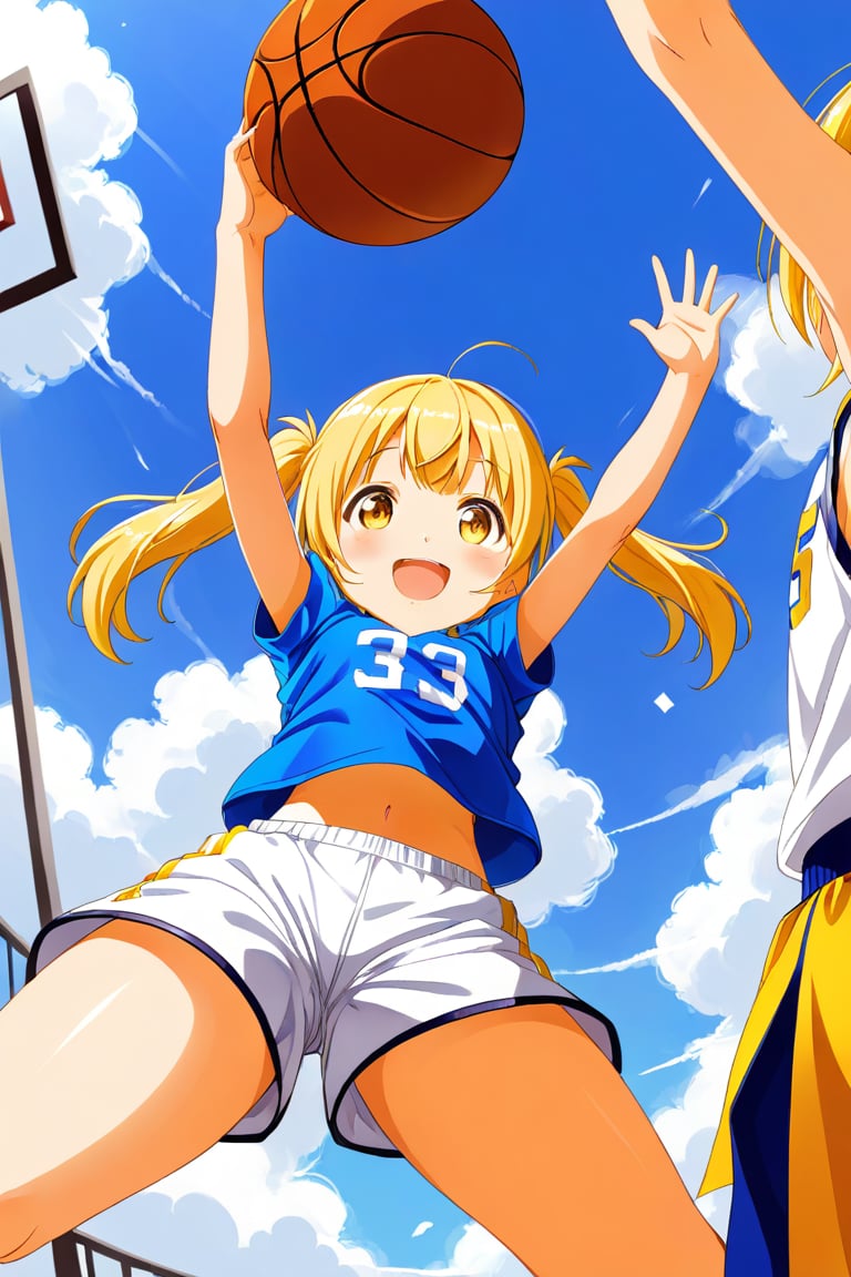 loli, happy_face, yellow hair, down_view, twin_tails, yellow_eyes, basketball, blue shirt, white shorts, jumping