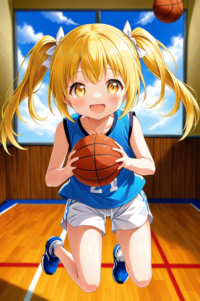 loli, happy_face, yellow hair, front_view, twin_tails, yellow_eyes, basketball, blue shirt, white shorts, 