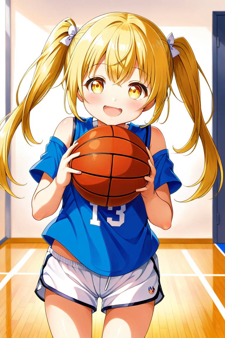 loli, happy_face, yellow hair, front_view, twin_tails, yellow_eyes, basketball, blue shirt, white shorts, 