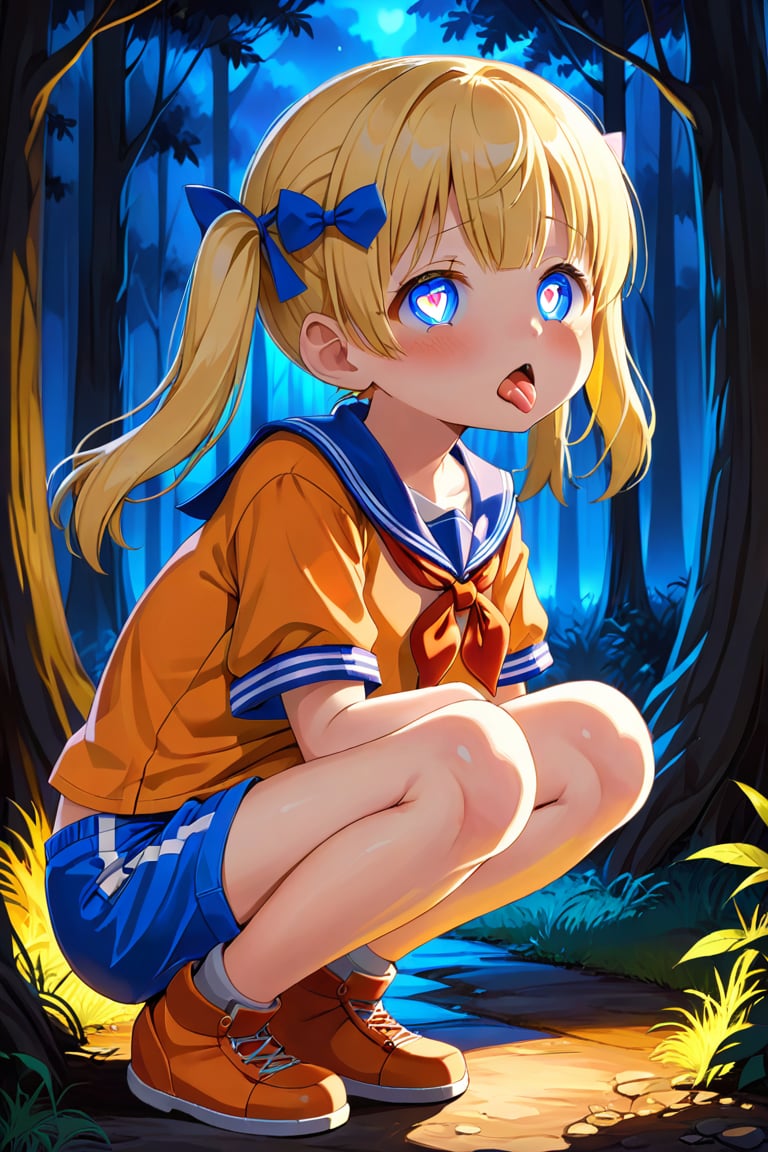 loli, cum face, sideview, twin tails, yellow hair, night forest, scout , orange shirt, blue shorts, looking_at_viewer, heart_shaped_pupils, sticking_out_tongue, squatting