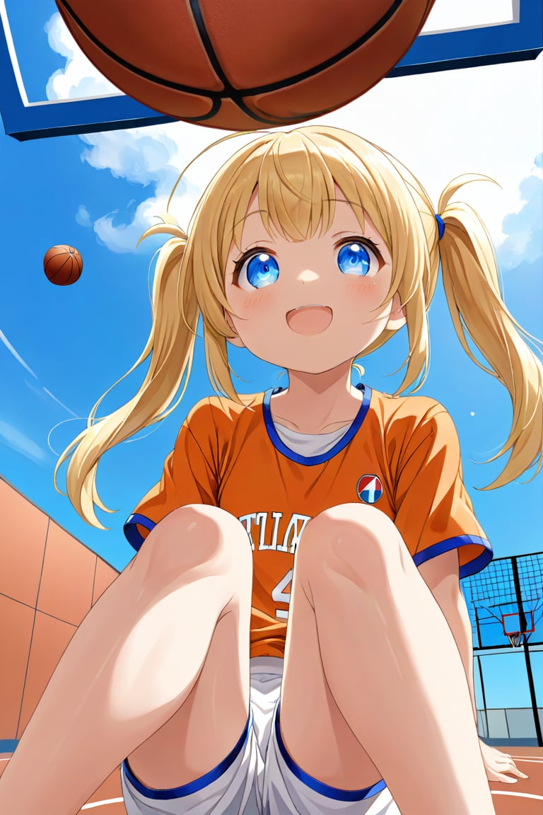 loli, happy_face, yellow hair, down_view, twin_tails, blue_eyes, basketball, orange shirt, white shorts, sitting_down