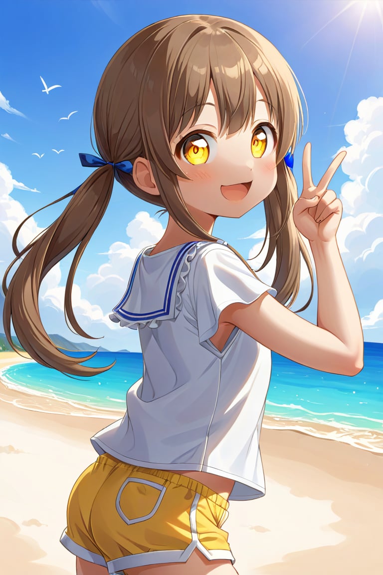 loli hypnotized, happy_face, yellow eyes, brown hair, side_view, twin_tails, beach, white shirt, yellow short pants, peace fingers