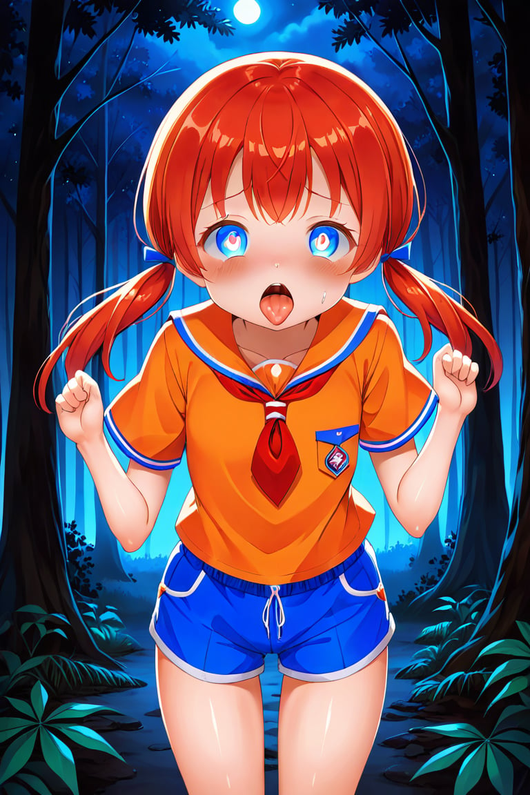 loli, cum face, front view, twin tails, red hair, night forest, scout , orange shirt, blue shorts, looking_at_viewer, heart_shaped_pupils, sticking_out_tongue