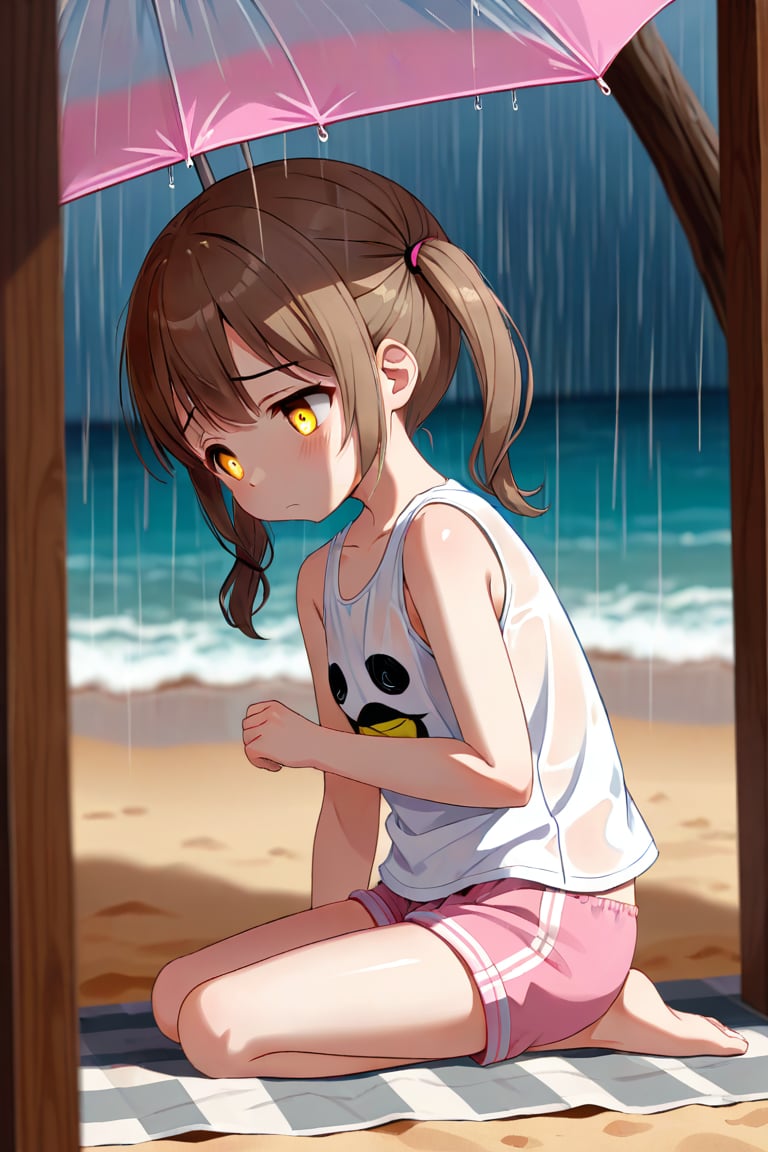 loli hypnotized, sad_face, yellow eyes, brown hair, side_view, twin_tails, rain beach, white shirt, pink short pants, 