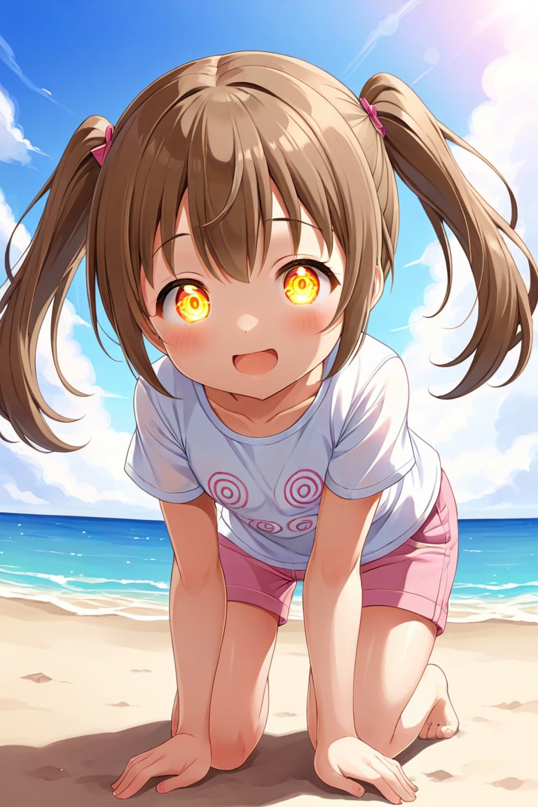 loli hypnotized, happy_face, yellow eyes, brown hair, front_view, twin_tails, beach, white shirt, pink short pants, crouched