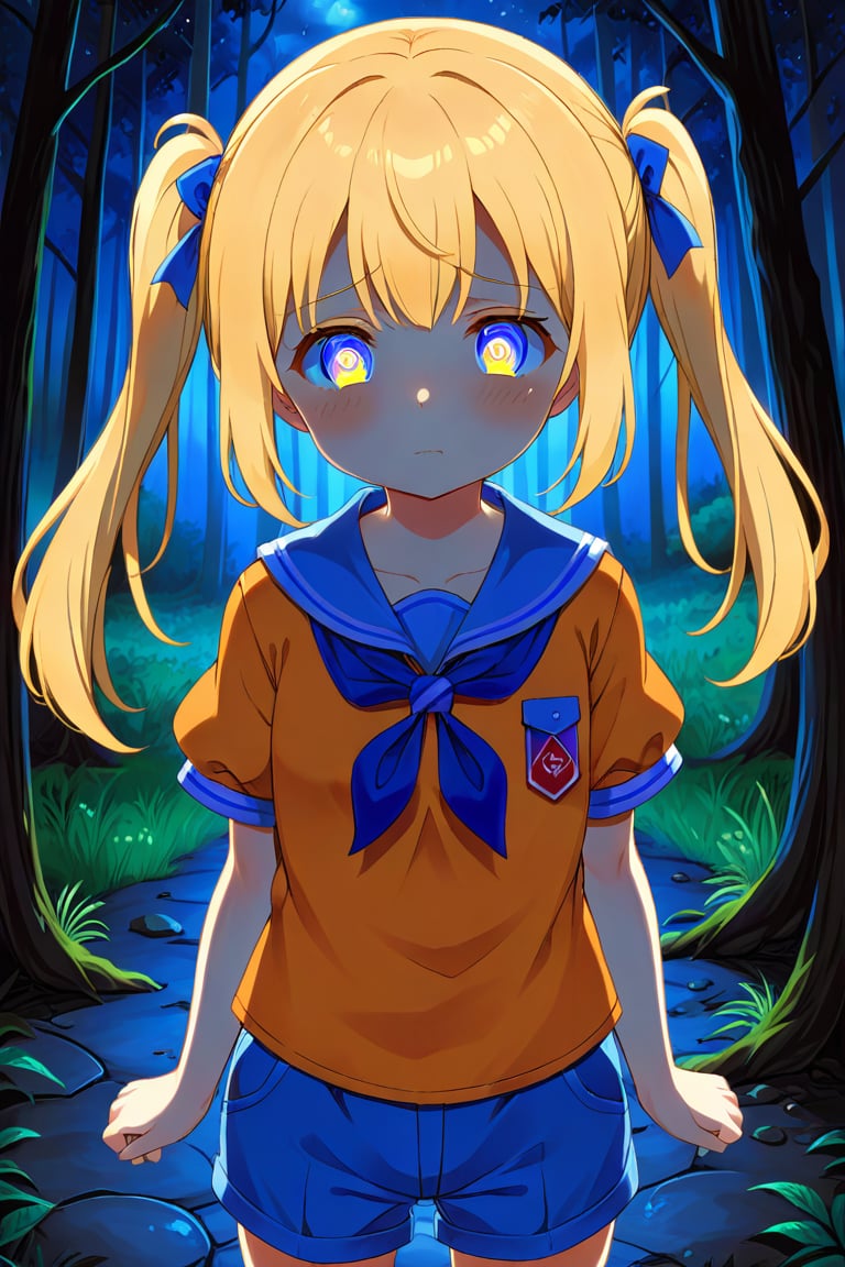 loli, sad face, front view, twin tails, yellow hair, night forest, scout , orange shirt, blue shorts, looking_at_viewer, heart_shaped_pupils, 