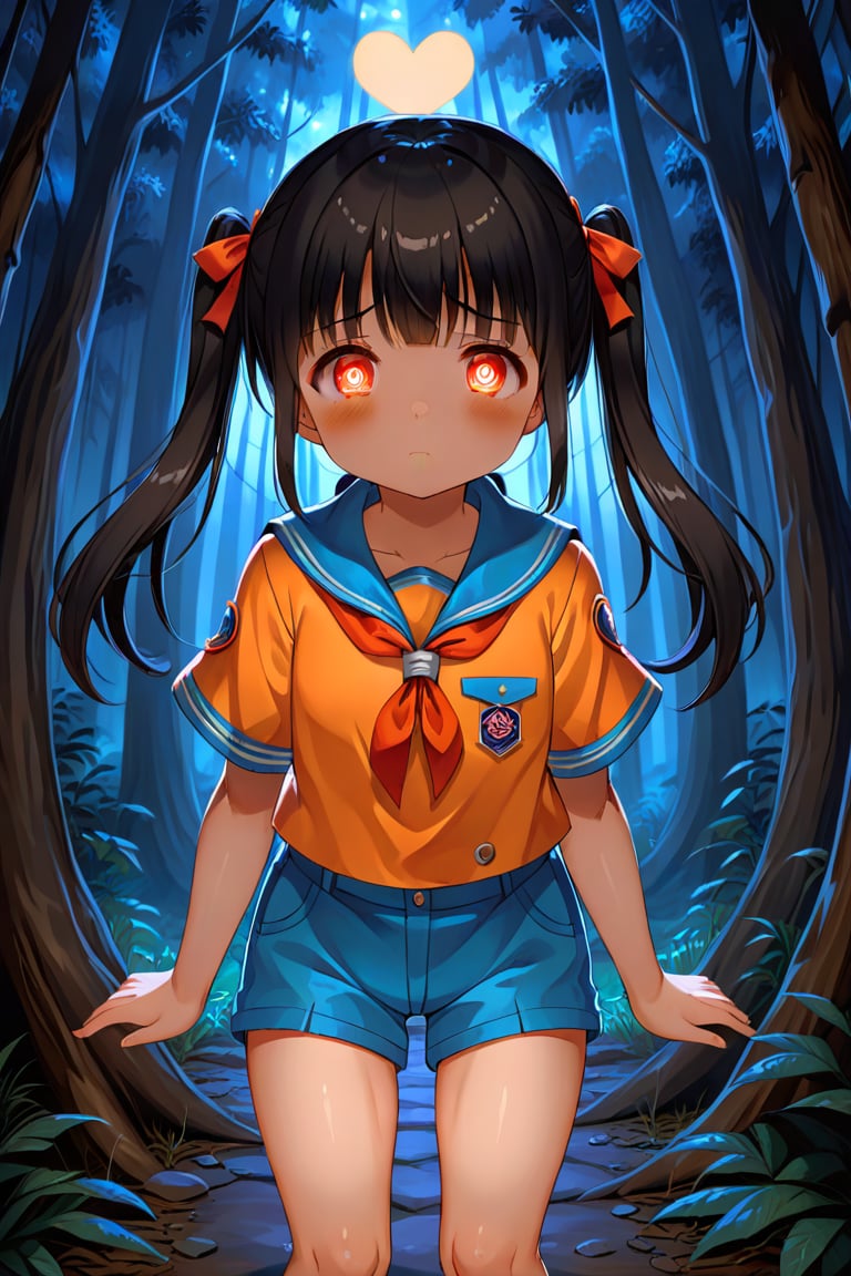 loli, sad face, front view, twin tails, black hair, night forest, scout , orange shirt, blue shorts, looking_at_viewer, heart_shaped_pupils, 