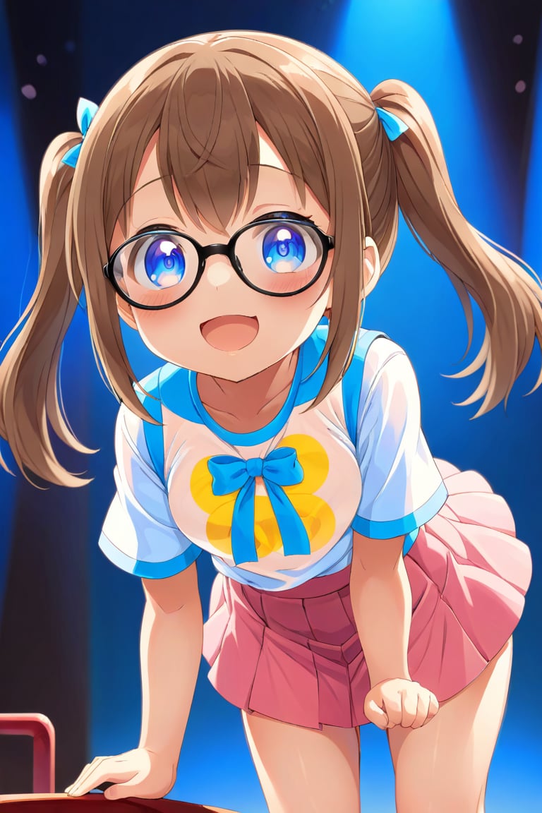 loli, brown hair, happy_face, front_view, twin_tails, blue_eyes, theather, white shirt, pink skirt, black glasses, doggy_style