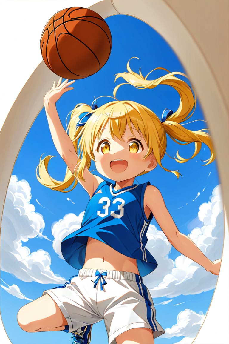 loli, happy_face, yellow hair, down_view, twin_tails, yellow_eyes, basketball, blue shirt, white shorts, jumping